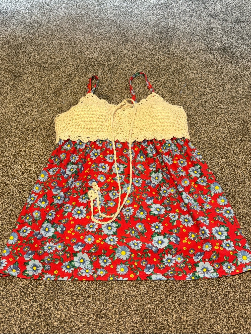 Crochet Bodice Floral Top in Red and Cream